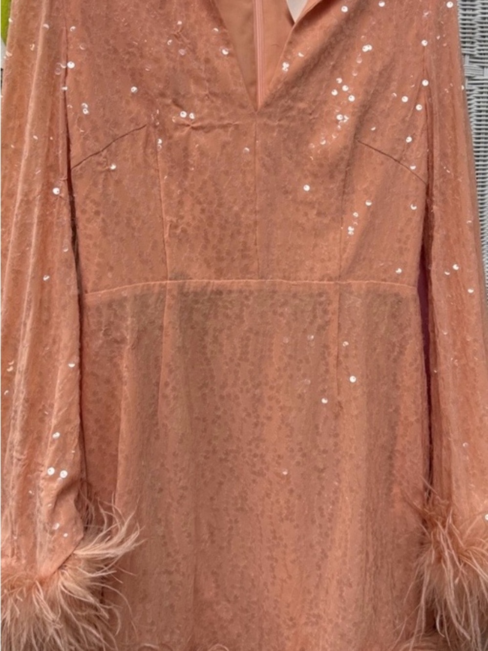 Peach Sequin Mini Dress with Feather Trim